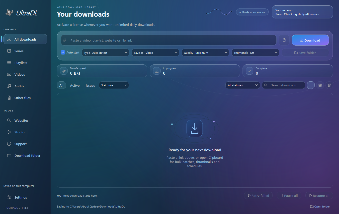 UltraDL for Windows, showing the download link field, quality and thumbnail controls, library and Support
